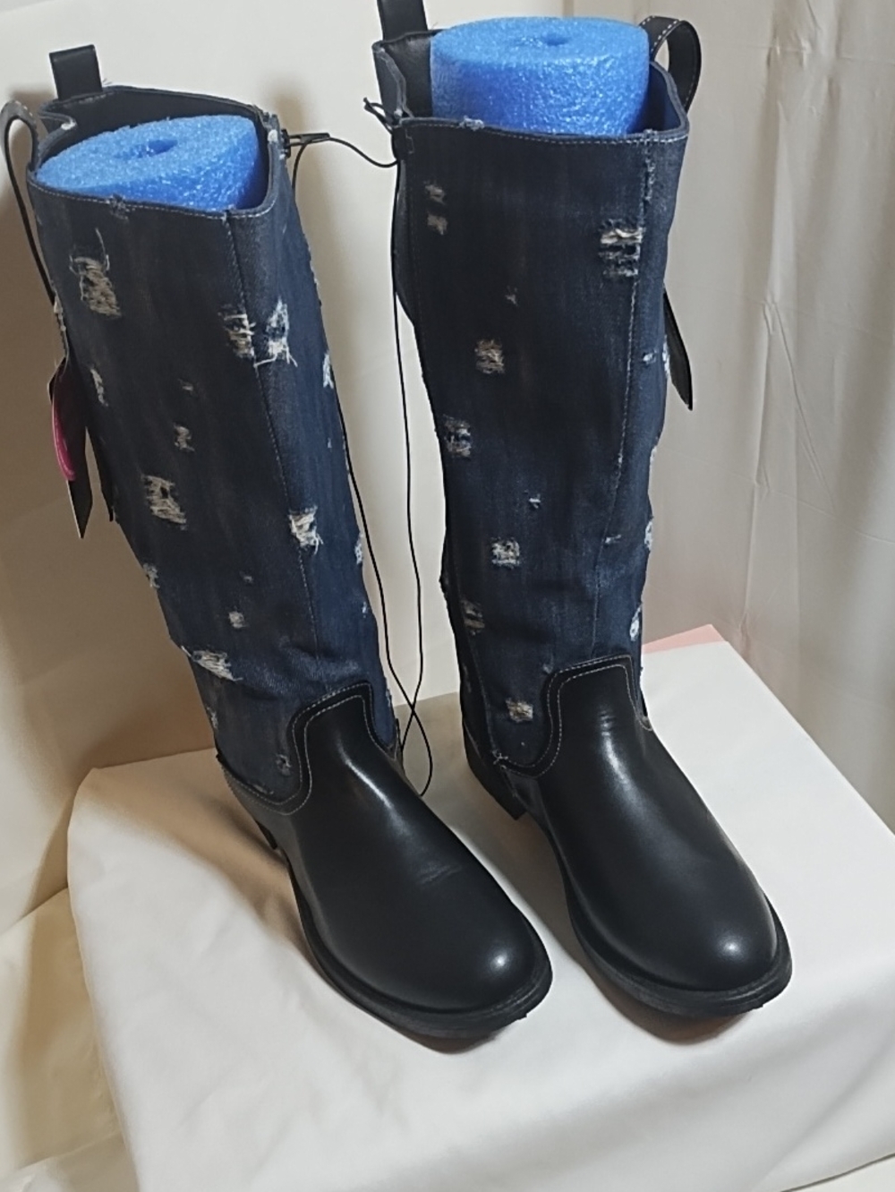 Rocawear Black Leather Foot Dark Blue Distressed Denim Tall Boots